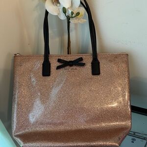 Kate Spade Pink Sparkle Medium Sized Tote With Black Bow and Handles